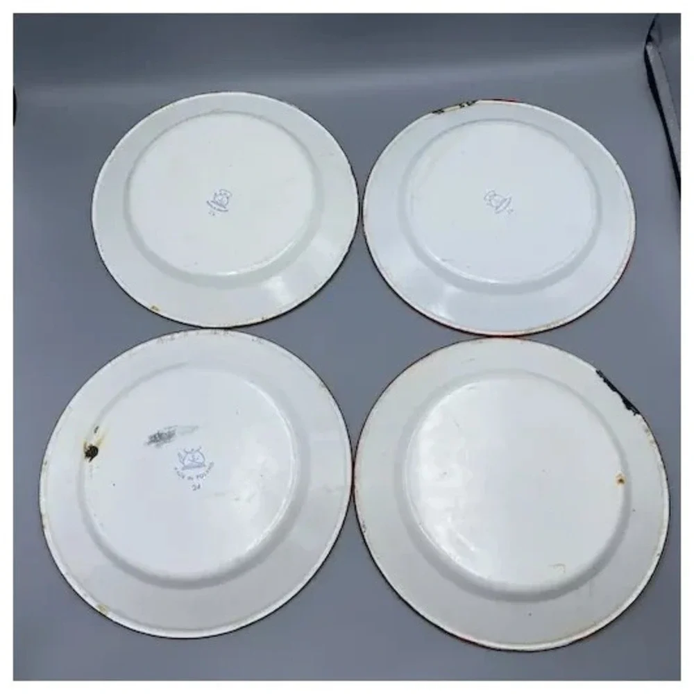Distressed Vintage Huta Silesia Plates Poland Enamelware Fruit 4pcs